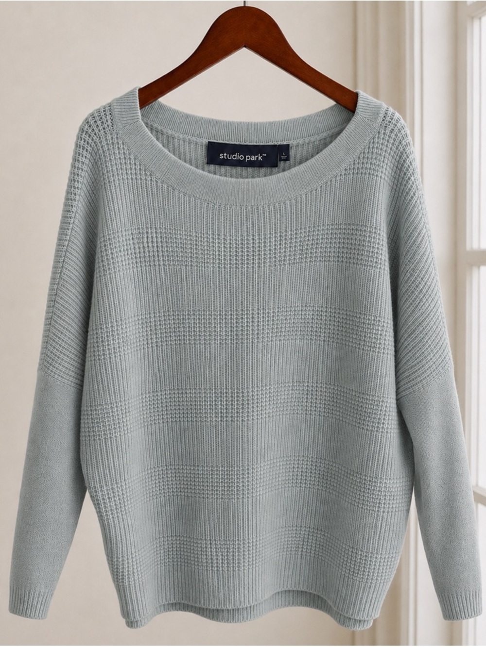 Studio Park 100% Cashmere Sweater Large Blue Waffle Knit Boat Neck Soft Luxury